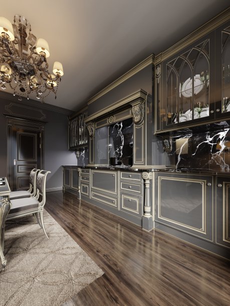 奢华的巴洛克风格厨房家具设计，黑色大理石厨房围裙和黑色帕特尔米。图片下载