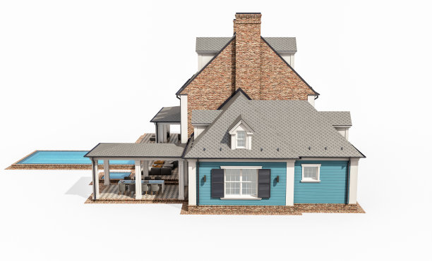 殖民风格的现代古典住宅的3d渲染，孤立在白色上图片下载