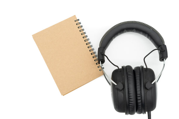 把一本书放在耳机旁边，全部放在图片的中间，全部放在白色背景上。图片下载