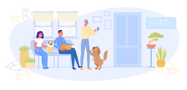 有主人的宠物在兽医办公室走廊排队图片下载