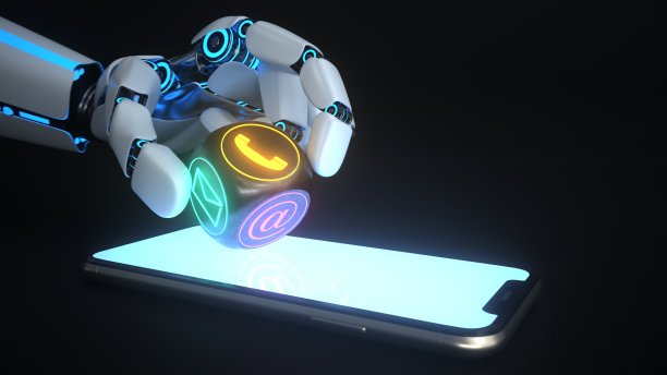 人形机器人手接触立方体智能手机图片下载