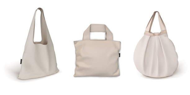 用他们的布料做成的一套米色袋子。矢量3d插图孤立在白色背景。模拟印刷，设计。图片下载