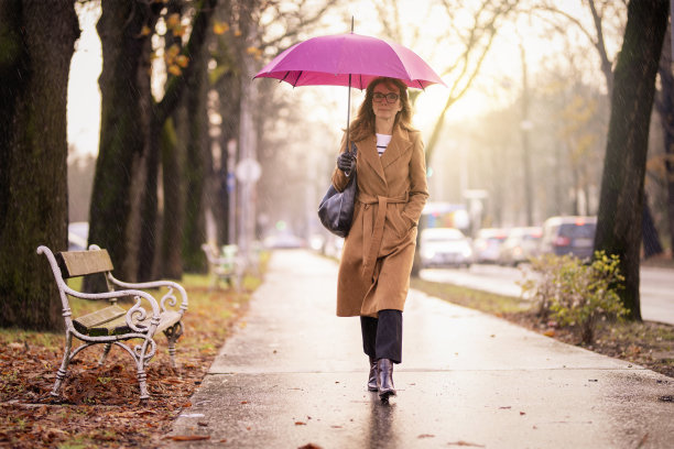 一个女人在雨天走在城市里图片下载