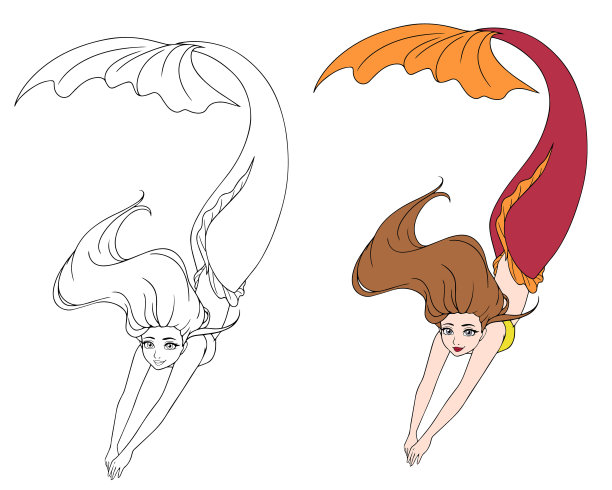 漂亮的卡通游泳美人鱼。棕色的头发和红色的鱼尾。图片下载