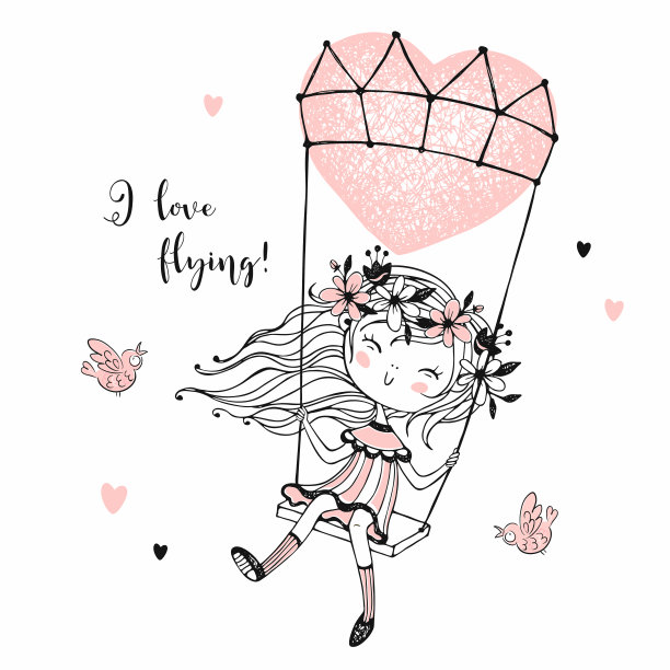 可爱的女孩在一个心形的气球上飞行。向量。图片下载