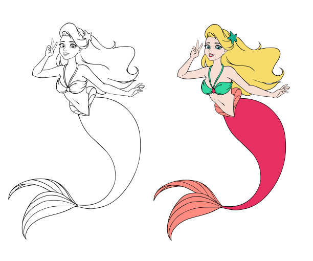 漂亮的卡通美人鱼用V字。金发和闪亮的粉色鱼尾。图片下载