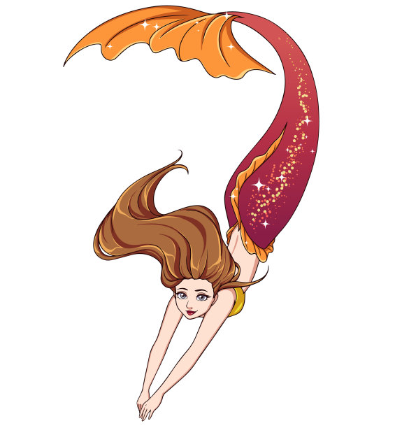 漂亮的卡通游泳美人鱼。棕色的头发和闪亮的红色鱼尾。图片下载