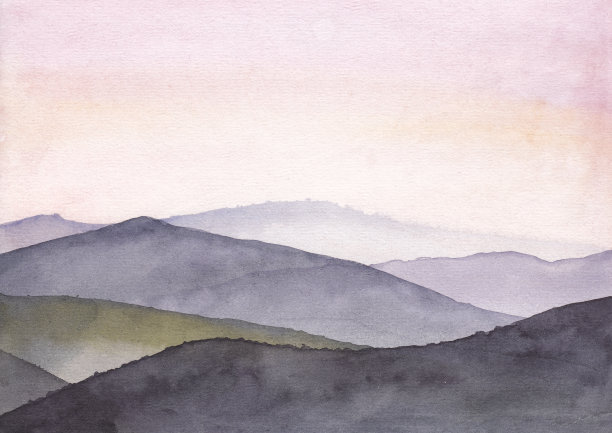 山水彩画。风景中的日出或日落。适合墙面印刷艺术和背景。图片下载