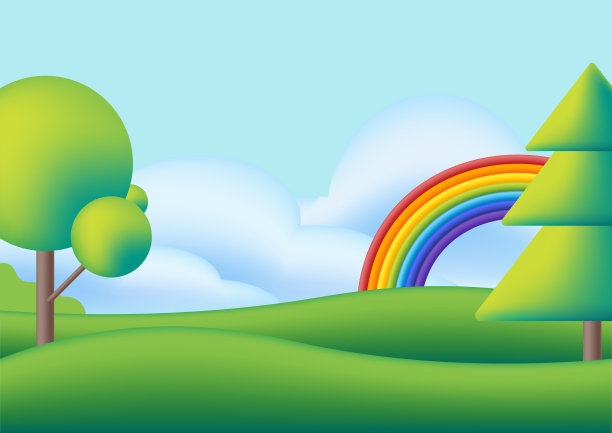 可爱的风景有彩虹，树木和绿色的草地。矢量平面插图。有趣的梦。图片下载