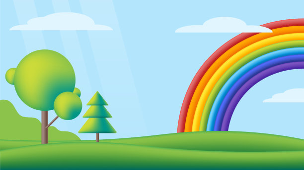 美丽的彩虹山谷。矢量平面插图。孩子背景，夏季天气。图片下载