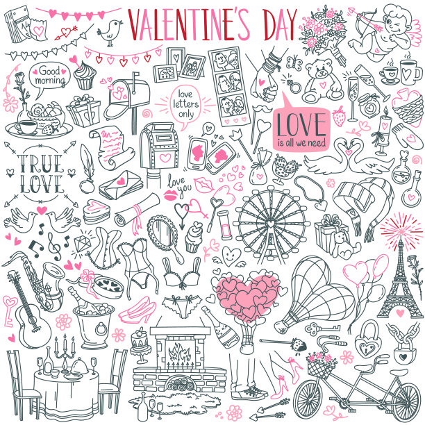 情人节涂鸦套装。传统的婚礼，爱情和浪漫的象征。图片下载