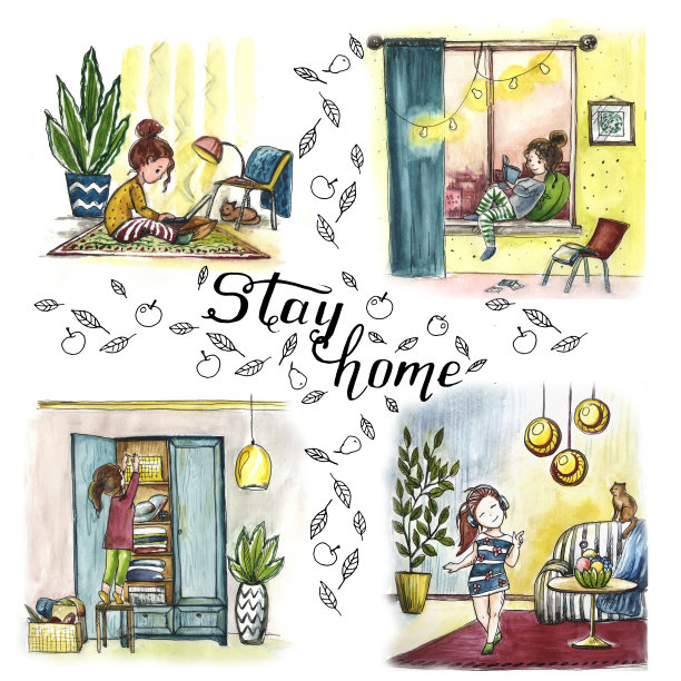 一个女孩独自在家的水彩画图片下载