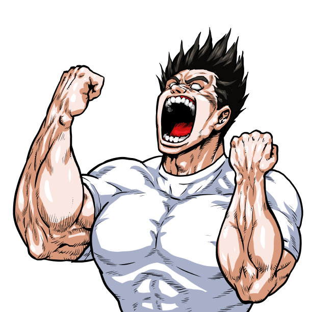 胆量，假头发，尖叫，尖叫，恶作剧，卡通，肌肉，健美，男子气概，姿势，前视图，白色背景图片下载