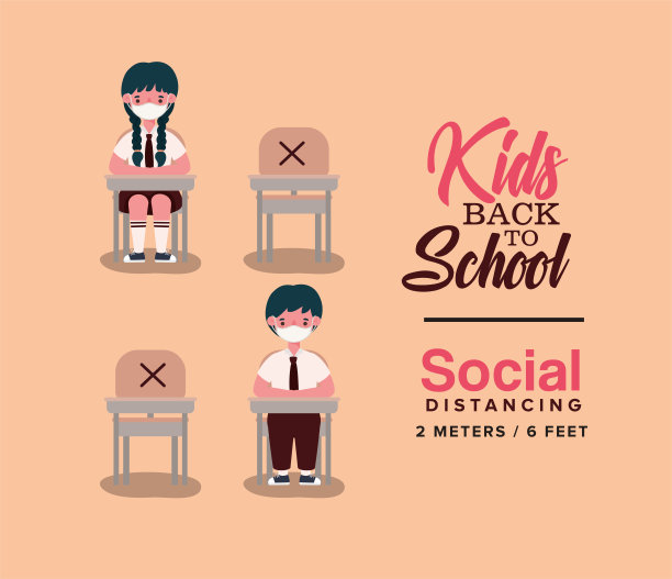 男孩和女孩的孩子课桌上有医用口罩矢量设计图片下载