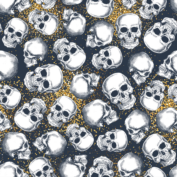 闪金骷髅无缝图案。万圣节壁纸。人类骨骼的背景。图片下载