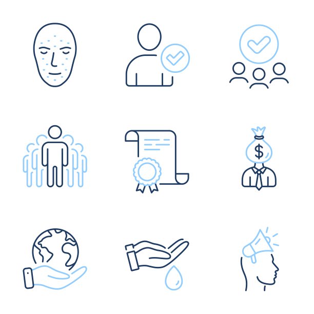 洗手，经理和确认身份的图标设置。面部生物识别，品牌大使和集团标志。向量图片下载