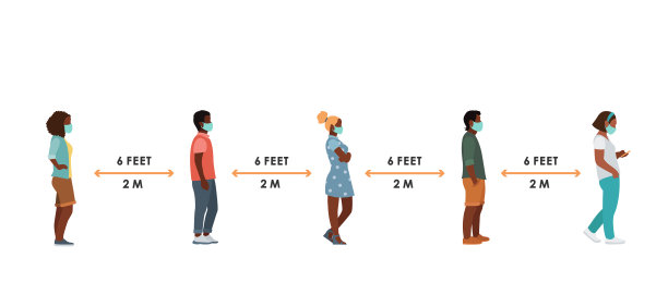 戴着医用口罩的是黑人男女，他们站在安全距离旁排队。图片下载