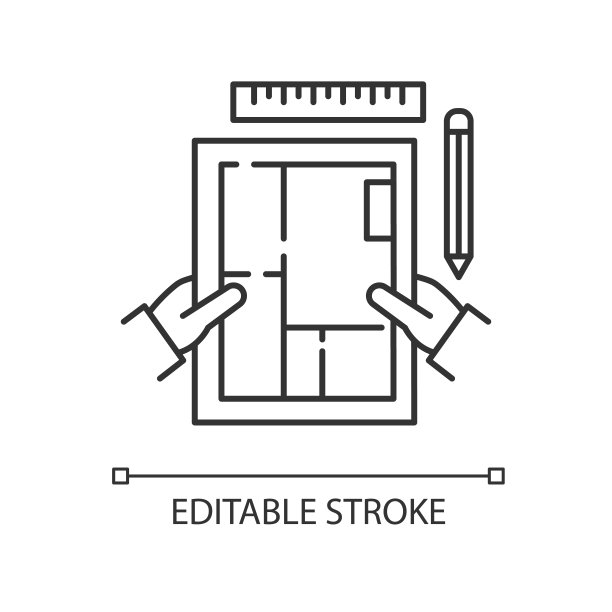 室内设计师像素完美的线性图标。房屋设计，公寓建筑平面图。细线可定制的插图。轮廓的象征。矢量孤立轮廓绘制。可编辑的中风图片下载