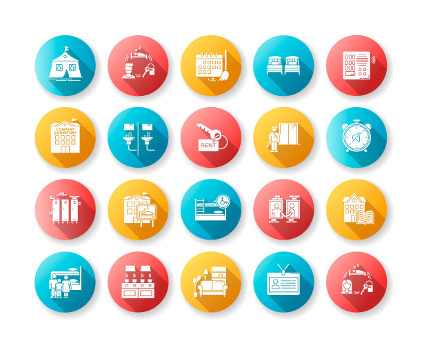 宿舍楼设计长影字形图标集。公共空间。生活住宿。旅馆、酒店。共享的房间。常见的卧室。大学校园。剪影RGB彩色插图图片下载