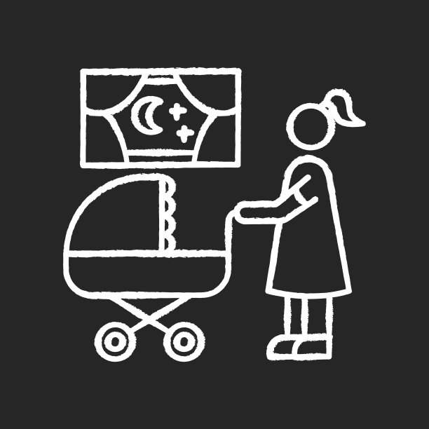 晚上保姆时间粉笔白色图标上的黑色背景。母亲和婴儿在婴儿车。妈妈在找睡着的孩子。父母和母亲。儿童保健。孤立矢量黑板插图图片下载