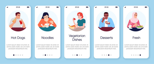 不同的食物选择登陆手机应用屏幕矢量模板。餐厅菜单walkthrough网站步骤与平面字符。素食菜肴、小吃和甜点。智能手机卡通UX, UI, GUI图片下载