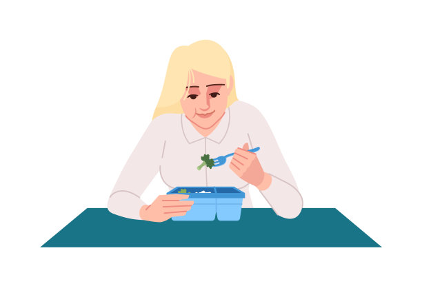 女人吃午餐盒半平面RGB彩色矢量插图。上班族在午休。年轻的白人女孩享受健康的食物孤立的卡通人物在白色的背景图片下载