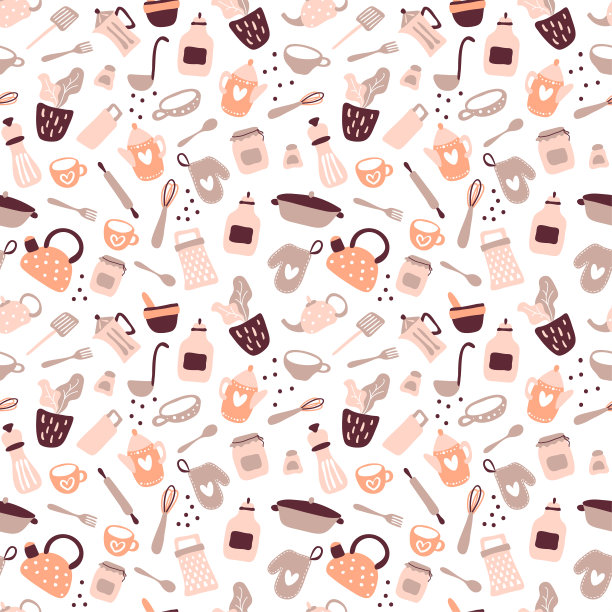 彩色无缝模式与烹饪工具在白色背景。背景与厨房用具为家庭做饭准备。矢量插图在平面风格的纺织印刷，包装纸图片下载