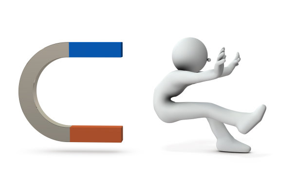 一个被磁铁吸引的角色。他无法忍受这种力量。白色背景。3 d演示。图片下载