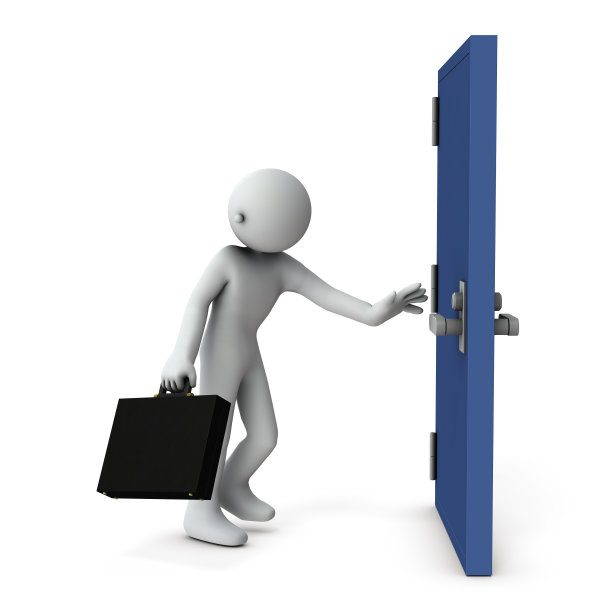 一个试图闯入的间谍。他正设法到门那儿去。白色背景。3 d演示。图片下载