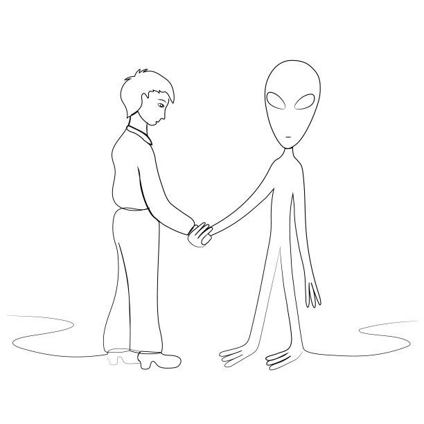 一个男人和一个来自外太空的外星人握手。画在一条线上。孤立的股票矢量插图。图片下载