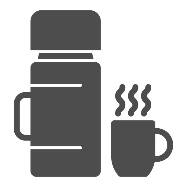 热水瓶和杯子与热饮固体图标，露营概念，热水瓶水瓶标志在白色背景，热水瓶水瓶和杯子图标在移动概念和网页的象形风格。矢量图形。图片下载