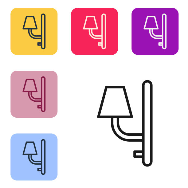 白色背景上孤立的壁灯图标。壁灯的光。设置图标的颜色方形按钮。矢量图素材图片