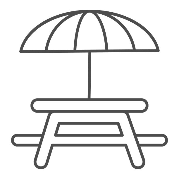 户外桌子与伞细线图标，野餐的概念，露营桌子标志在白色的背景，桌子和椅子在移动概念的轮廓风格图标，网页设计。矢量图形。图片下载