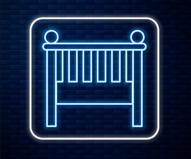发光的霓虹灯线婴儿床摇篮床图标孤立在砖墙背景。矢量图图片下载