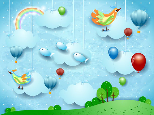 有气球、热气球、鸟和飞鱼的超现实景观图片下载