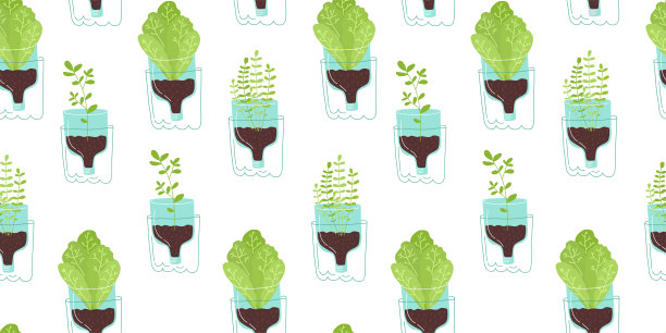 无缝模式与植物在花盆从塑料瓶。零浪费、升级改造、再利用、盆栽创造、垂直园艺理念。彩色矢量插图上的白色背景图片下载