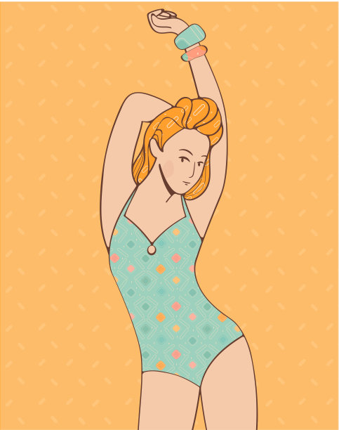 复古女孩穿着可爱的绿色泳装，时尚模特，运动生活，夏日心情图片下载