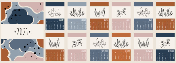 2021年日历。可爱的2021年日历。时尚日历在斯堪的纳维亚风格。向量模板。图片下载