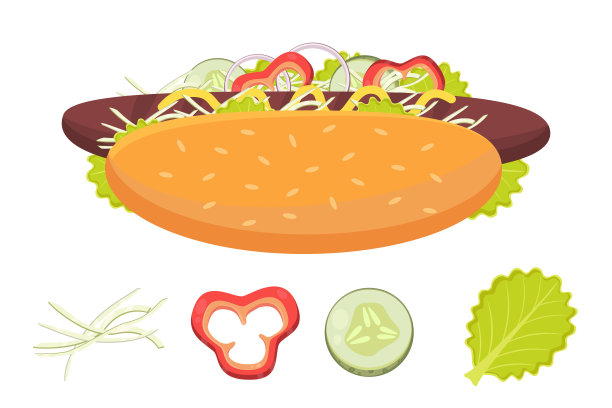 热狗加香肠和蔬菜。沙拉叶，生菜，胡椒片，洋葱和黄瓜，卷心菜，芥末酱。热狗和配料的平面矢量插图。快餐的概念。图片下载