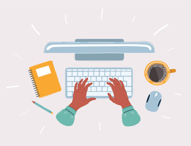 工作场所俯视图木质办公桌与一台电脑图片下载