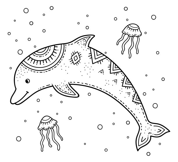 滑稽卡通儿童的着色。海豚与水母之间的泡沫在海里的水。斯堪的纳维亚风格的儿童绘画。图片下载