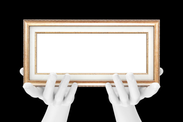 抽象人体模型手握经典木制相框，为您的设计提供自由空间。3d渲染图片下载