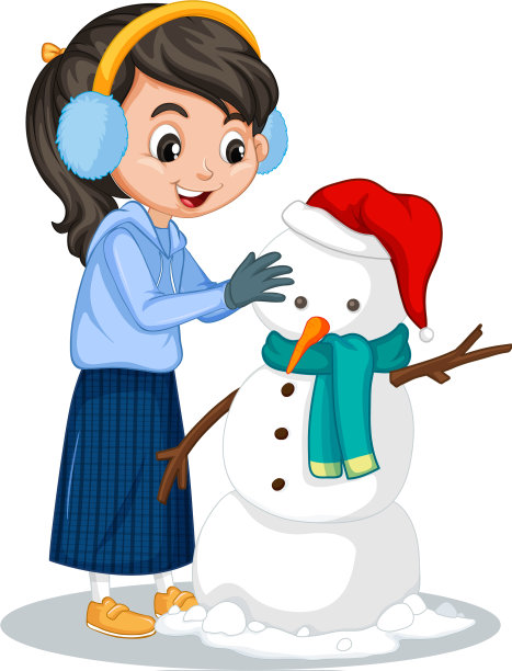 女孩在白色的背景上堆雪人图片下载
