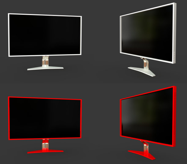 许多渲染的白色和红色高科技计算机显示器与虚构的设计孤立在灰细节逼真的物体的3D插图图片下载