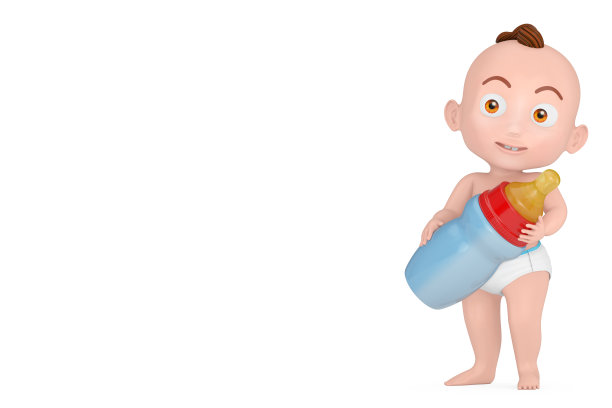 卡通可爱的小男孩和婴儿奶瓶。3d渲染图片下载