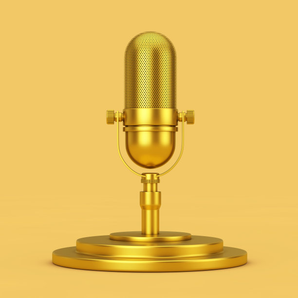 金色复古麦克风上的黄金底座。3d渲染图片下载