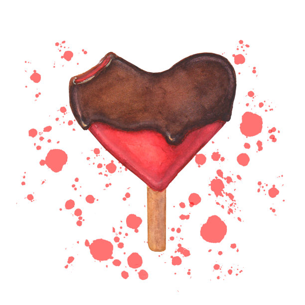 水彩冰淇淋。被咬的心形巧克力红色冰淇淋。图片下载