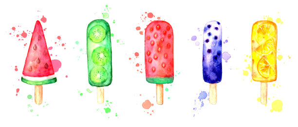 水彩水果冰淇淋设置与飞溅孤立在白色背景。图片下载