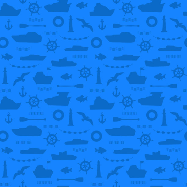海洋无缝模式与船，海鸥，灯塔和鱼图片下载