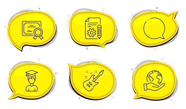 文档，语音气泡和电吉他图标设置。学生的迹象。向量图片下载
